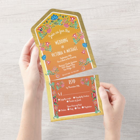 Mexicaanse Fiesta Faux Gold Folie Bloemen Huwelijk All In One Uitnodiging (Afscheurbaar)