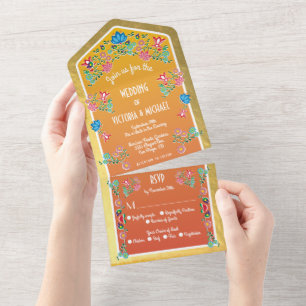 Mexicaanse Fiesta Faux Gold Folie Bloemen Huwelijk All In One Uitnodiging