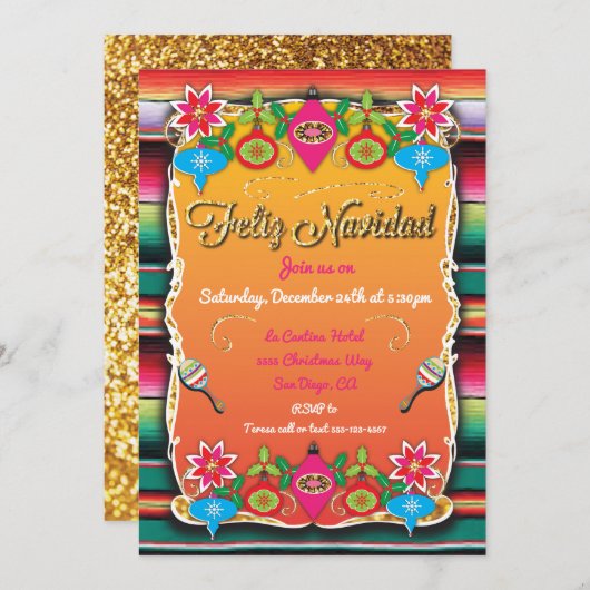Mexicaanse Fiesta Feliz Navidad Party Gold Glitter Kaart (Voorkant / Achterkant)
