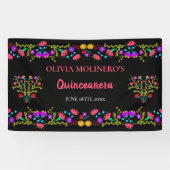 Mexicaanse Fiesta Floral Black Quinceanera Birthda Spandoek (Horizontaal)