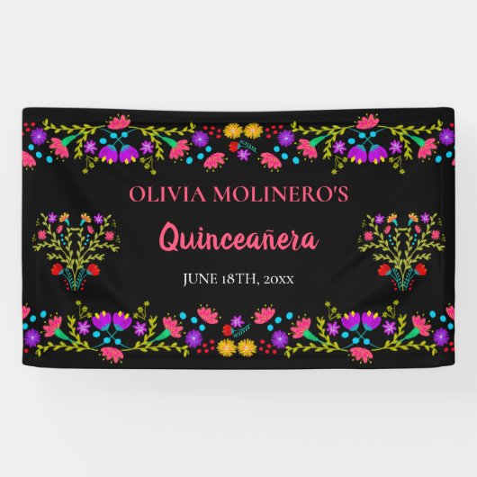 Mexicaanse Fiesta Floral Black Quinceanera Birthda Spandoek (Horizontaal)