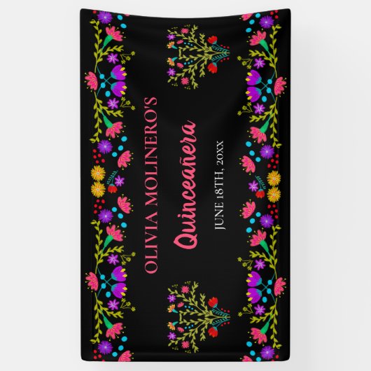 Mexicaanse Fiesta Floral Black Quinceanera Birthda Spandoek (Verticaal)