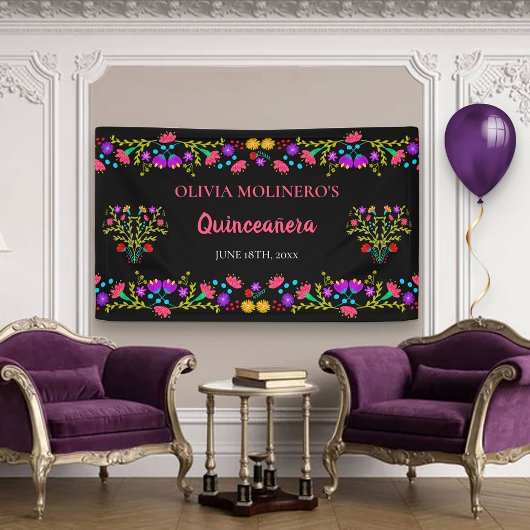 Mexicaanse Fiesta Floral Black Quinceanera Birthda Spandoek