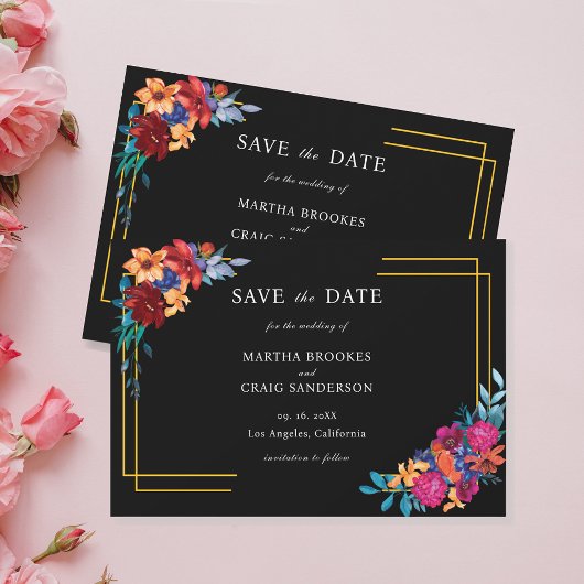 Mexicaanse Fiesta Floral Black Wedding Save the Da Kaart