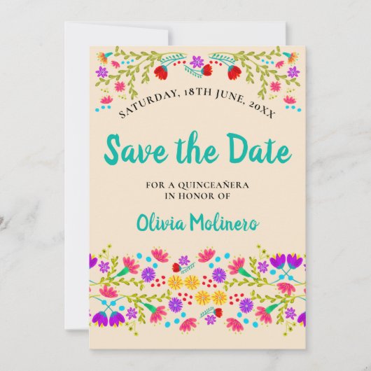  Mexicaanse Fiesta Floral Champagne en Groen Save The Date (Voorkant)