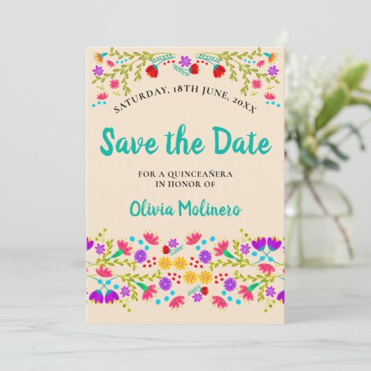  Mexicaanse Fiesta Floral Champagne en Groen Save The Date (Staand voorkant)