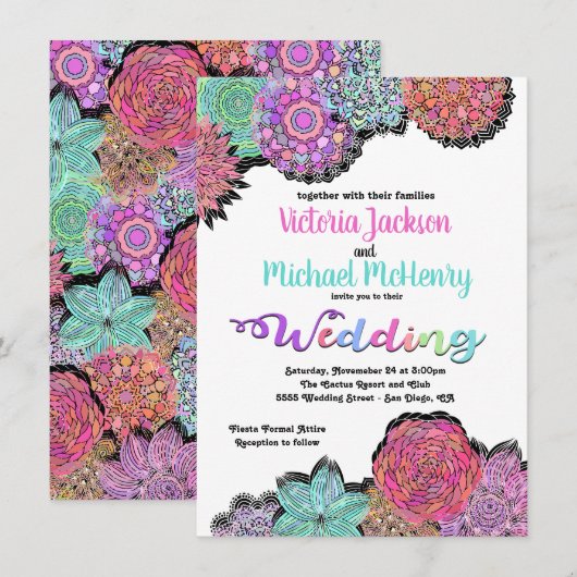 Mexicaanse Fiesta Floral Mandala Wedding Invitatio Kaart (Voorkant / Achterkant)