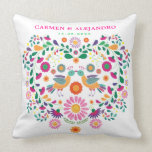 Mexicaanse Fiesta Floral Tortelduifjes Wedding Gif Kussen<br><div class="desc">Dit mooie kussen heeft een griezelig en ingewikkeld Mexicaans bloempatroon in heet roze, paars, oranje, groen, geel en turquoise. Pas het kussen aan met de namen van de bruid en de bruidegom en ook met de trouwdatum. De achtergrondkleur van het kussen wordt geplaatst aan wit, maar voel vrij om een...</div>