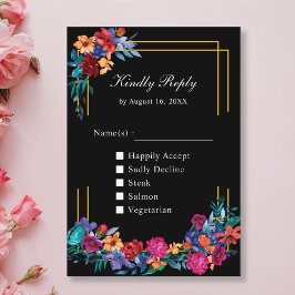 Mexicaanse Fiesta Floral Wedding Black RSVP Card Informatiekaartje