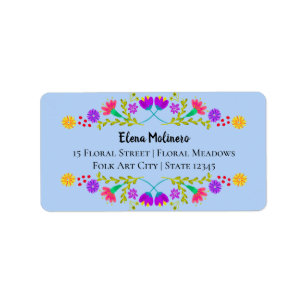 Mexicaanse Fiesta Folk Art Bloemen Lichtblauwe Adr Etiket