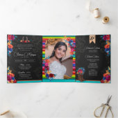 Mexicaanse Fiesta Folk art Floral Charro Quinceañe Drieluik Uitnodiging (Binnen)