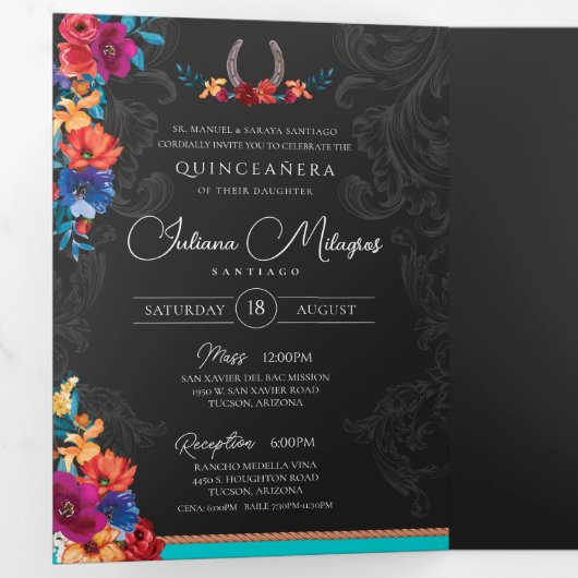 Mexicaanse Fiesta Folk art Floral Charro Quinceañe Drieluik Uitnodiging (Binnenzijde eerst)