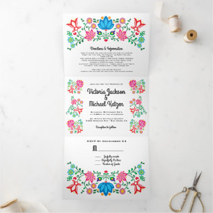 Mexicaanse Fiesta Folk Art Floral Wedding Drieluik Uitnodiging