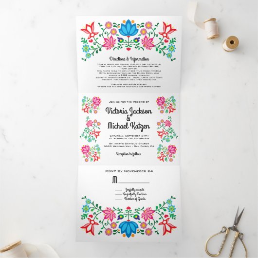 Mexicaanse Fiesta Folk Art Floral Wedding Drieluik Uitnodiging (Binnen)