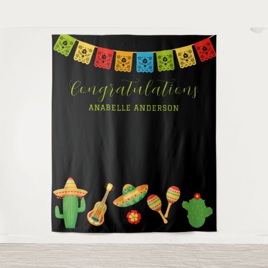 Mexicaanse Fiesta Graduation Party Zwart Achtergro Wandkleed (Voorkant)