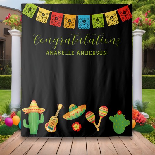 Mexicaanse Fiesta Graduation Party Zwart Achtergro Wandkleed