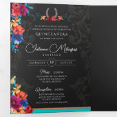 Mexicaanse Fiesta Kleurrijke Bloemen Charro Quince Drieluik Uitnodiging (Binnenzijde eerst)