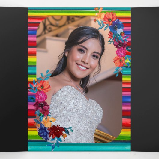 Mexicaanse Fiesta Kleurrijke Bloemen Charro Quince Drieluik Uitnodiging (Binnenkant midden)