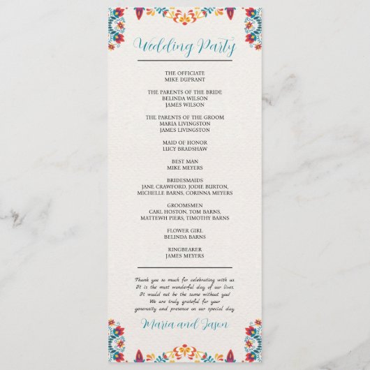 Mexicaanse Fiesta Kleurrijke Botanische Bloemen Hu Programmakaart (Achterkant)