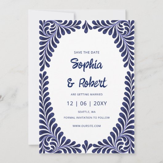 Mexicaanse Fiesta Navy Blue Talavera Save The Date (Voorkant)