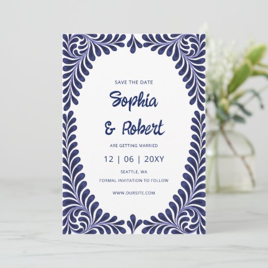Mexicaanse Fiesta Navy Blue Talavera Save The Date (Staand voorkant)