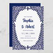 Mexicaanse Fiesta Navy Blue Talavera Save The Date (Voorkant / Achterkant)
