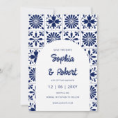Mexicaanse Fiesta Navy Blue Talavera Tegels Save The Date (Voorkant)