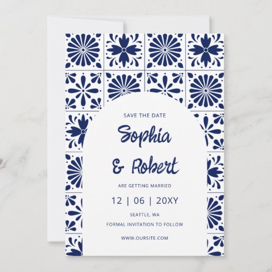 Mexicaanse Fiesta Navy Blue Talavera Tegels Save The Date (Voorkant)