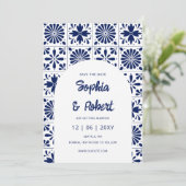 Mexicaanse Fiesta Navy Blue Talavera Tegels Save The Date (Staand voorkant)