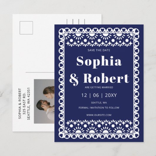 Mexicaanse Fiesta Navy Papel Picado Bewaar de datu Aankondigingskaart (Voorkant / Achterkant)