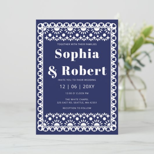 Mexicaanse Fiesta Navy Papel Picado Boho Wedding Kaart (Staand voorkant)