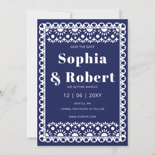 Mexicaanse Fiesta Navy Papel Picado Boho Wedding Save The Date (Voorkant)