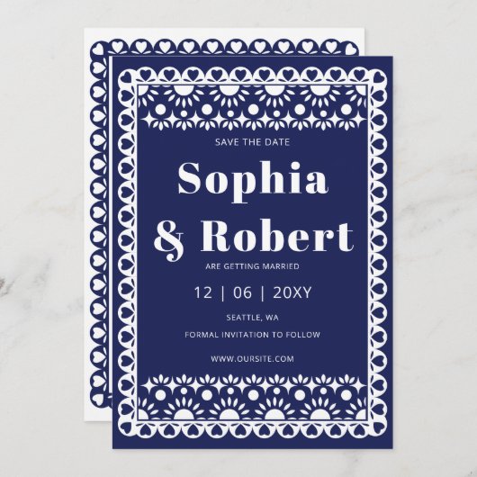 Mexicaanse Fiesta Navy Papel Picado Boho Wedding Save The Date (Voorkant / Achterkant)