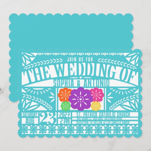 Mexicaanse Fiesta Papel Picado Vlag BLAUWGROEN bru Kaart (Voorkant / Achterkant)