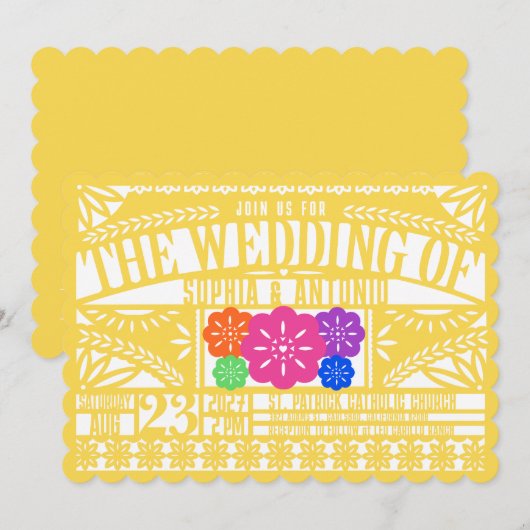 Mexicaanse Fiesta Papel Picado Vlag GEEL Huwelijk Kaart (Voorkant / Achterkant)