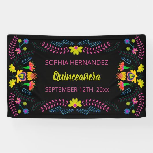 Mexicaanse Fiesta Party Black Quinceanera Birthday Spandoek (Horizontaal)