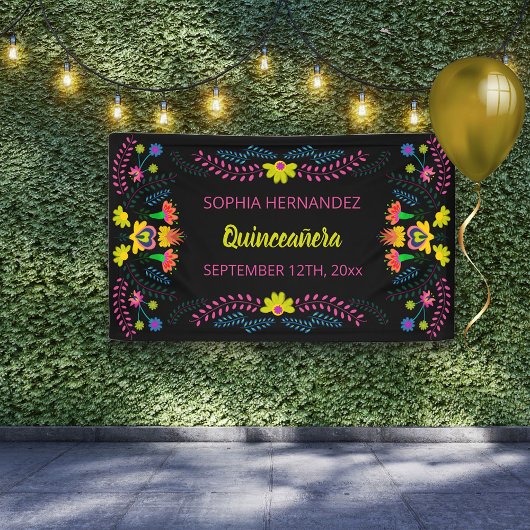 Mexicaanse Fiesta Party Black Quinceanera Birthday Spandoek