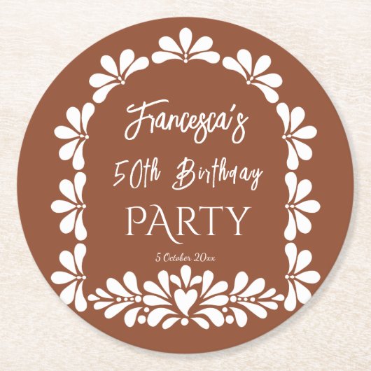 Mexicaanse fiesta party terracotta talavera op maa ronde kartonnen onderzetter (Voorkant)