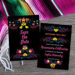 Mexicaanse Fiesta Party Zwart Bloemen Save The Date<br><div class="desc">Mexican Floral Save the Date kaart in kleurrijke Mexicaanse Fiesta folk art bloemen. Het ontwerp is aan beide zijden versierd en de sjabloon is klaar voor u om uw speciale datum, jouw naam, de gelegenheid en aangepaste tekst aan de achterkant toe te voegen. Het ontwerp kan worden aangepast aan elke...</div>