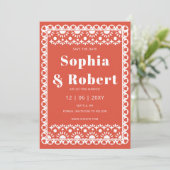 Mexicaanse Fiesta Red Papel Picado Boho Wedding Save The Date (Staand voorkant)