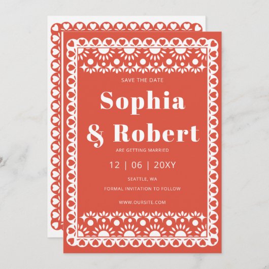 Mexicaanse Fiesta Red Papel Picado Boho Wedding Save The Date (Voorkant / Achterkant)