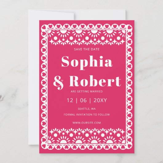 Mexicaanse Fiesta Roze Papel Picado Boho Huwelijk Save The Date (Voorkant)