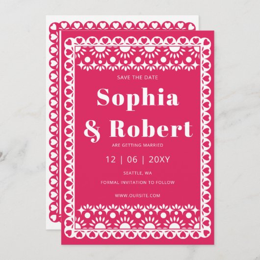 Mexicaanse Fiesta Roze Papel Picado Boho Huwelijk Save The Date (Voorkant / Achterkant)