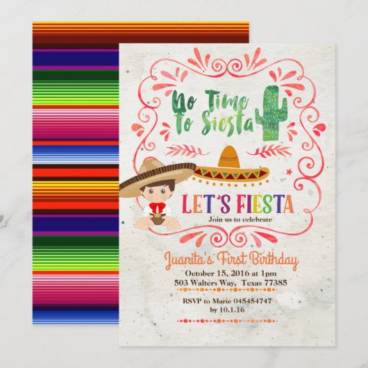 Mexicaanse Fiesta Uitnodiging 1e Verjaardag Jongen (Voorkant / Achterkant)