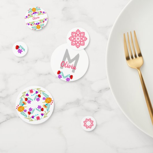 Mexicaanse Fiesta Wit Roze Bloemen Monogram Naam Confetti (Groep)