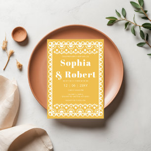 Mexicaanse Fiesta Yellow Papel Picado Boho Wedding Kaart