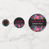 Mexicaanse Fiesta Zwart Bloemen Naam Quinceanera Confetti (Voorkanten)