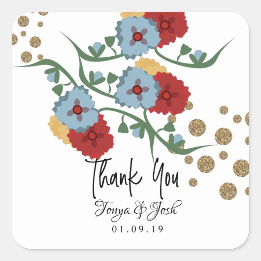 Mexicaanse Floral Faux Glitter Festive Stippen Wed Vierkante Sticker (Voorkant)