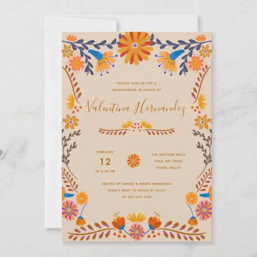 Mexicaanse Floral  Folk Art Quinceanera Kaart (Voorkant)
