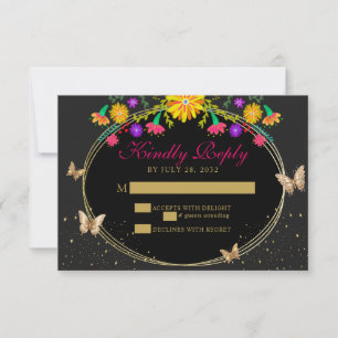 Mexicaanse Floral Gold Tiara Butterfly Quinceañera RSVP Kaartje
